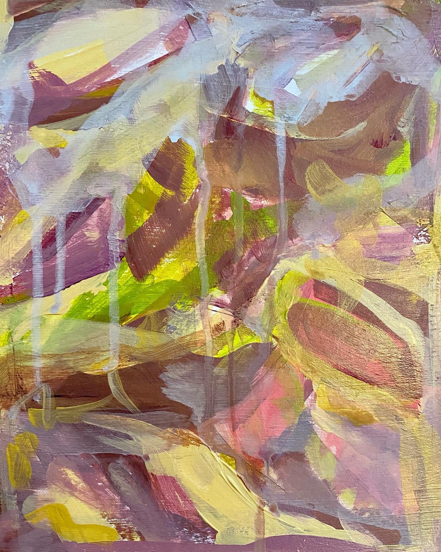 Small 8 inch by 10 inch abstract acrylic painting on primed paper by artist Megan Watkins