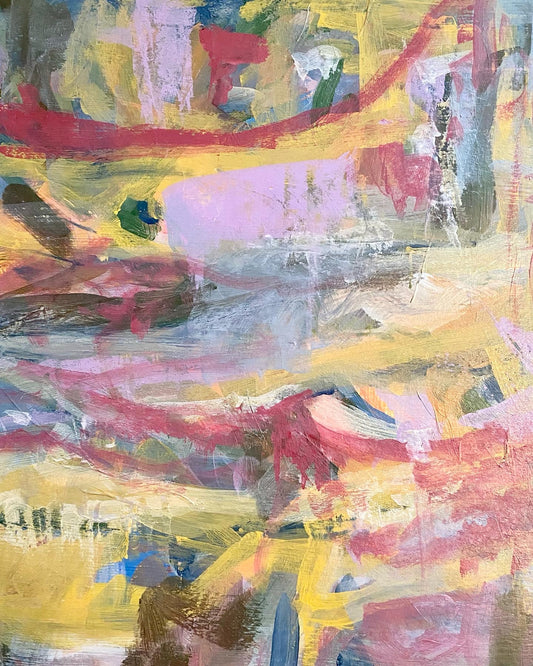 Small 8 inch by 10 inch acrylic abstract painting on primed paper by artist Megan Watkins