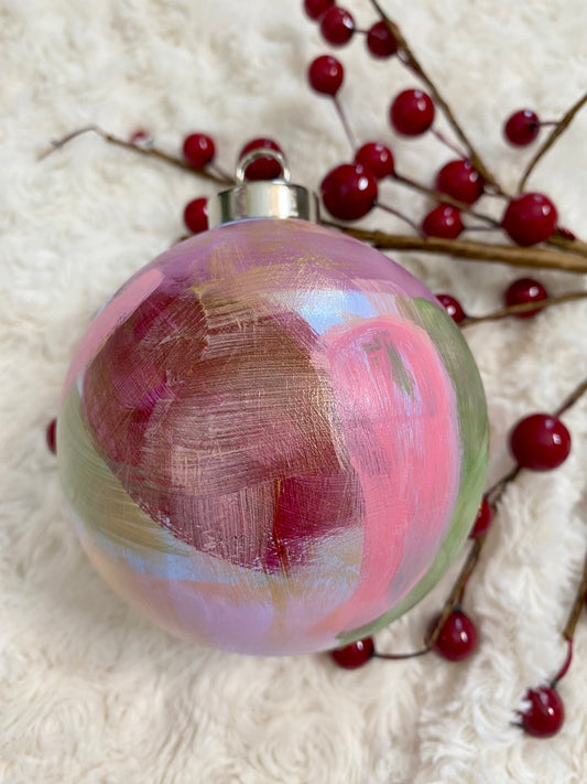 Pastel Stripe with Gold Accents Hand Painted Ceramic Holiday Ornament