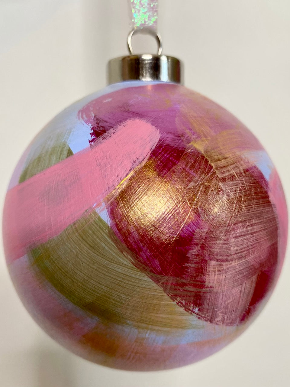 Pastel Stripe with Gold Accents Hand Painted Ceramic Holiday Ornament