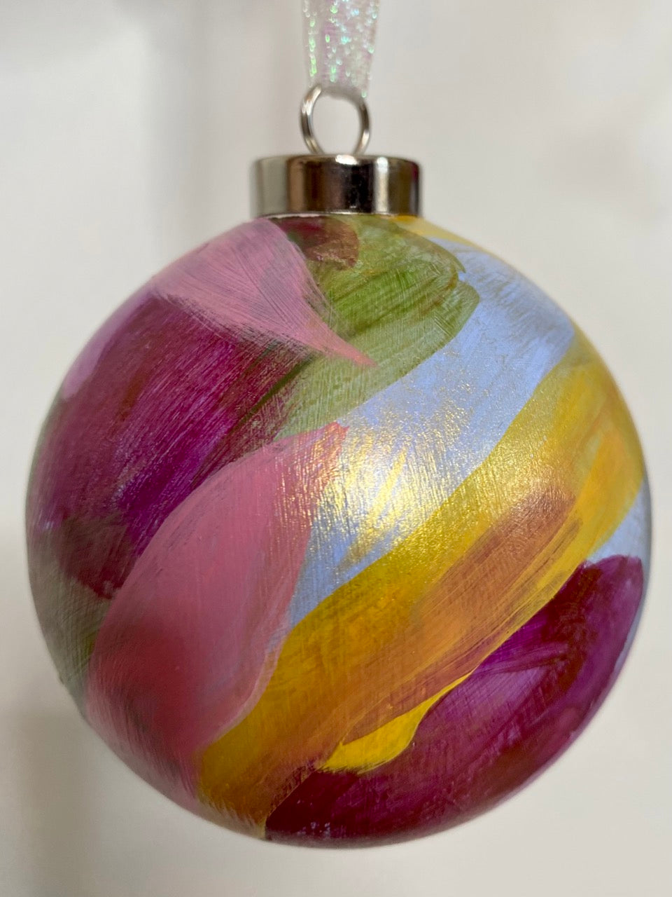 Pastel Stripe with Gold Accents Hand Painted Ceramic Holiday Ornament