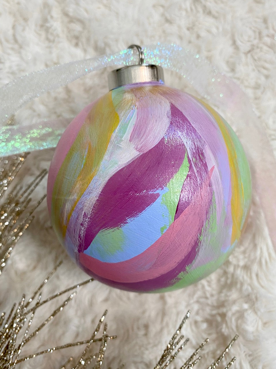 Pastel Stripe with Lime Green Accents Hand Painted Ceramic Ornament