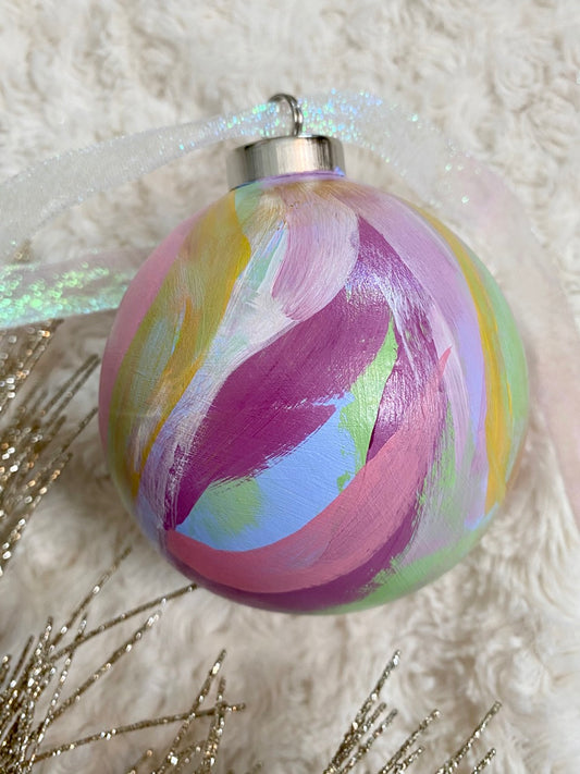 Pastel Stripe with Lime Green Accents Hand Painted Ceramic Ornament