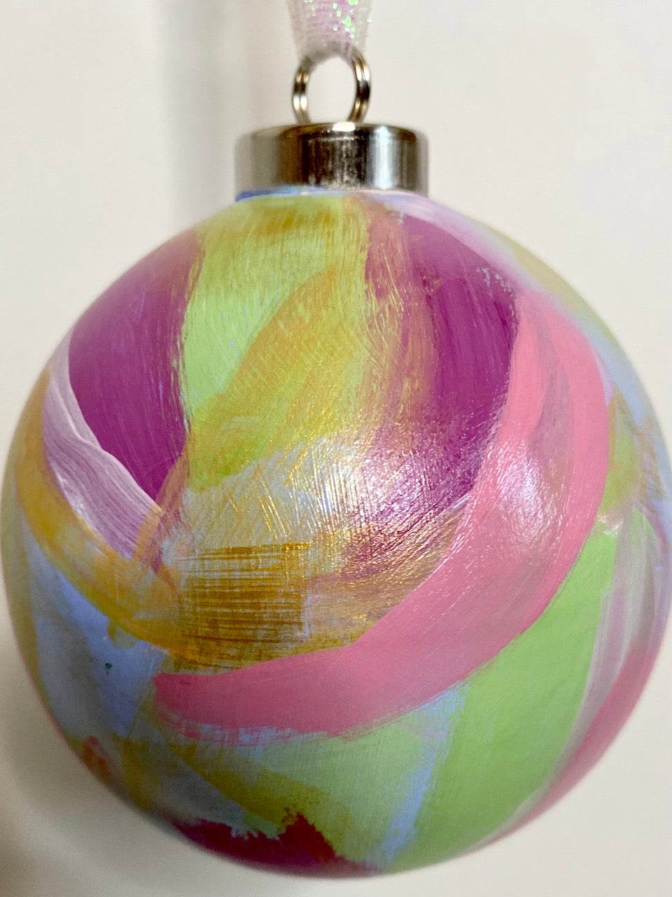 Pastel Stripe with Lime Green Accents Hand Painted Ceramic Ornament