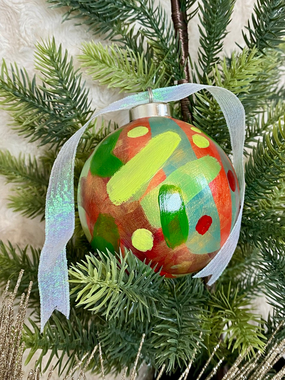 Red and Green Original Hand Painted Ceramic Bisque Holiday Ornament