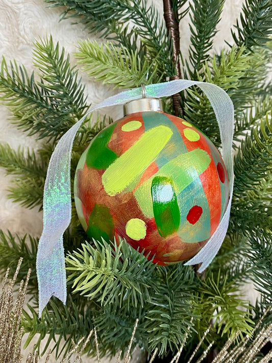 Red and Green Original Hand Painted Ceramic Bisque Holiday Ornament