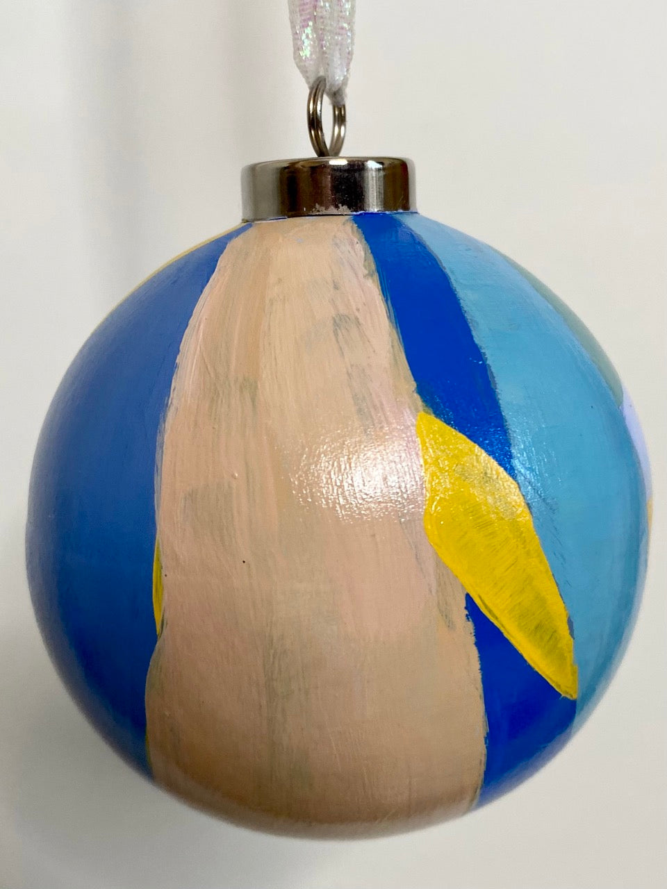 Festive Teal Stripe Hand Painted Ceramic Holiday Ornament