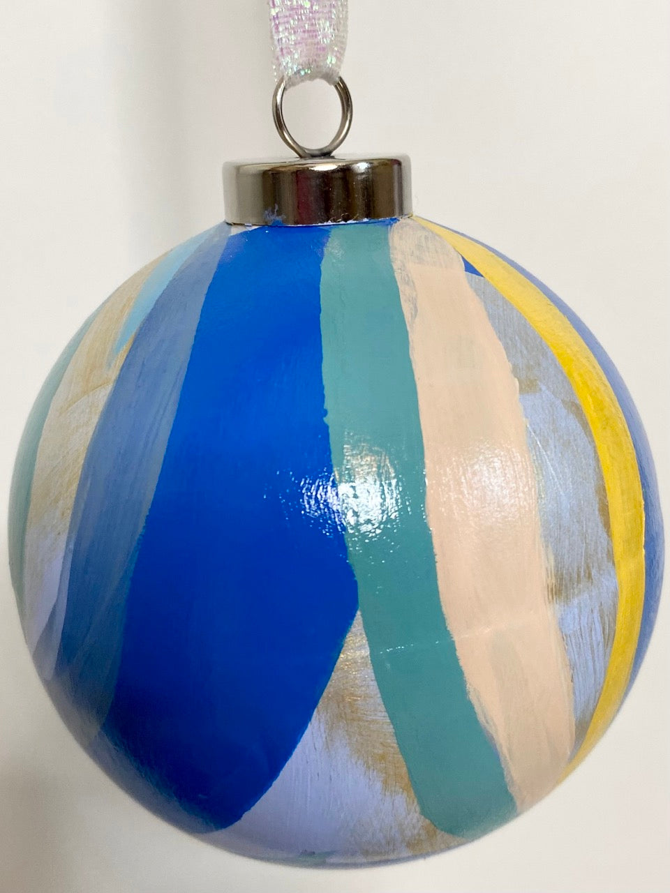 Festive Teal Stripe Hand Painted Ceramic Holiday Ornament