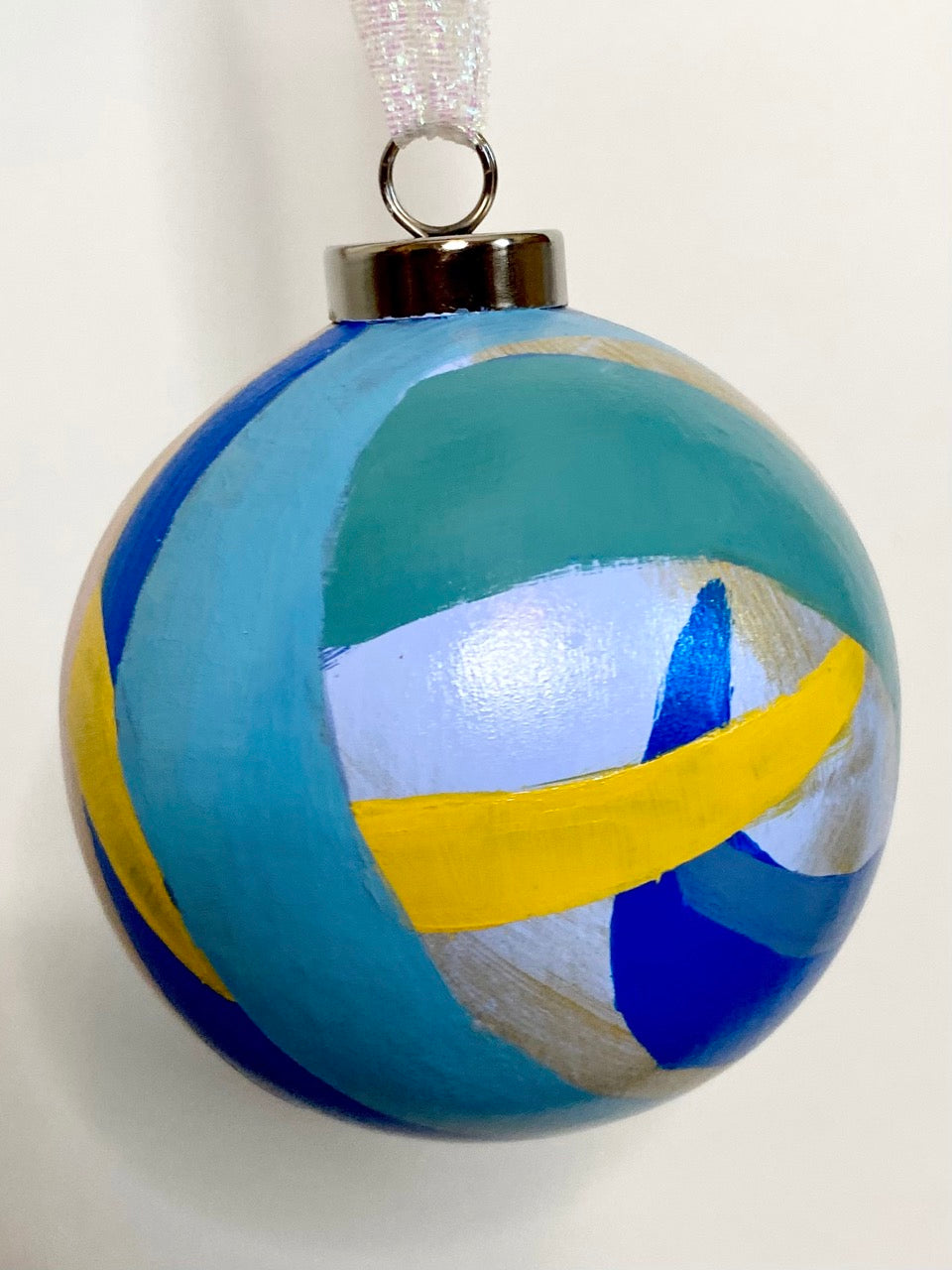 Festive Teal Stripe Hand Painted Ceramic Holiday Ornament