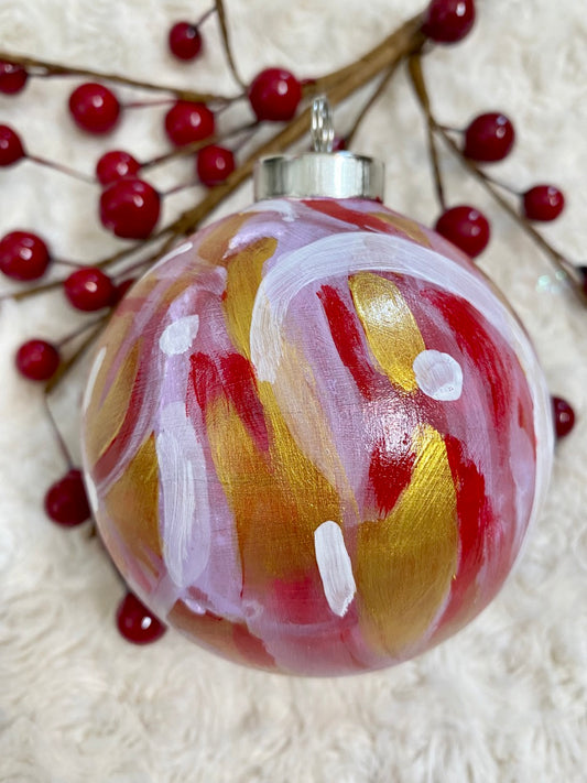 Lux Red, White, and Gold Hand Painted Ceramic Holiday Ornament