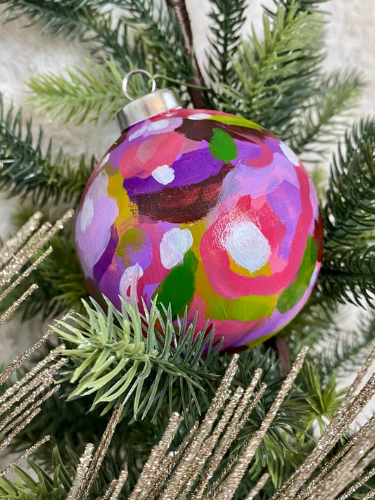 Glossy Hot Pink and Purple Botanical Hand Painted Ceramic Holiday Ornament