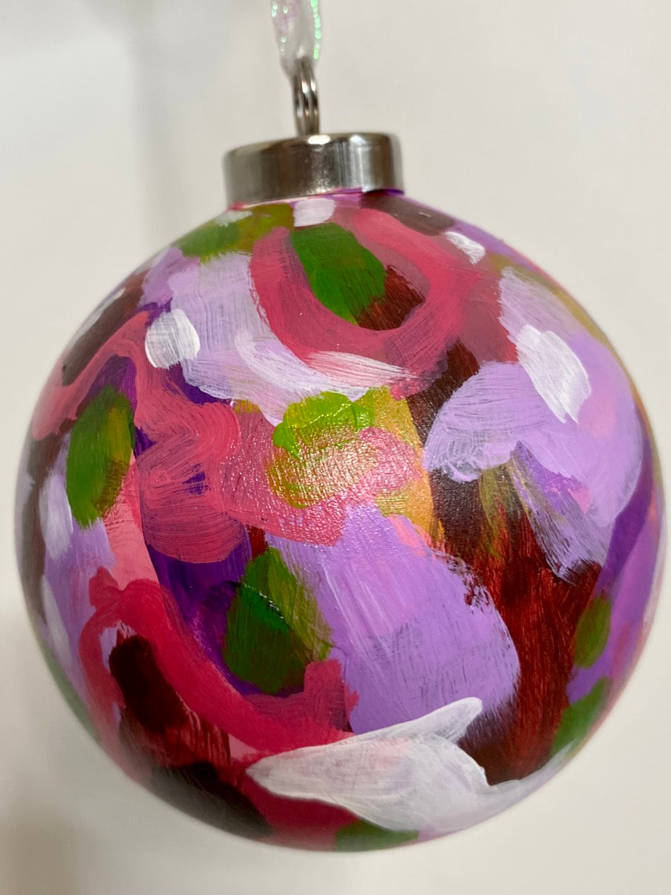 Glossy Hot Pink and Purple Botanical Hand Painted Ceramic Holiday Ornament