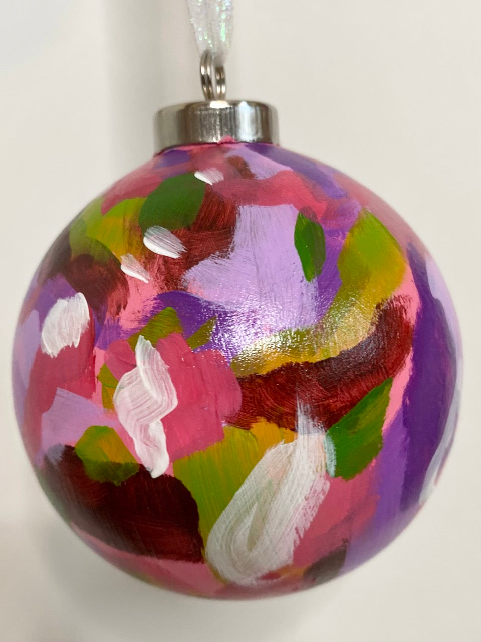 Glossy Hot Pink and Purple Botanical Hand Painted Ceramic Holiday Ornament