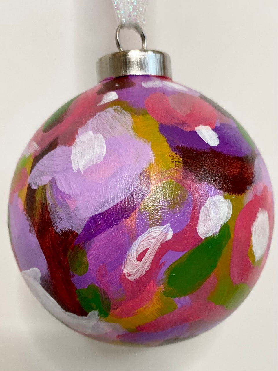 Glossy Hot Pink and Purple Botanical Hand Painted Ceramic Holiday Ornament