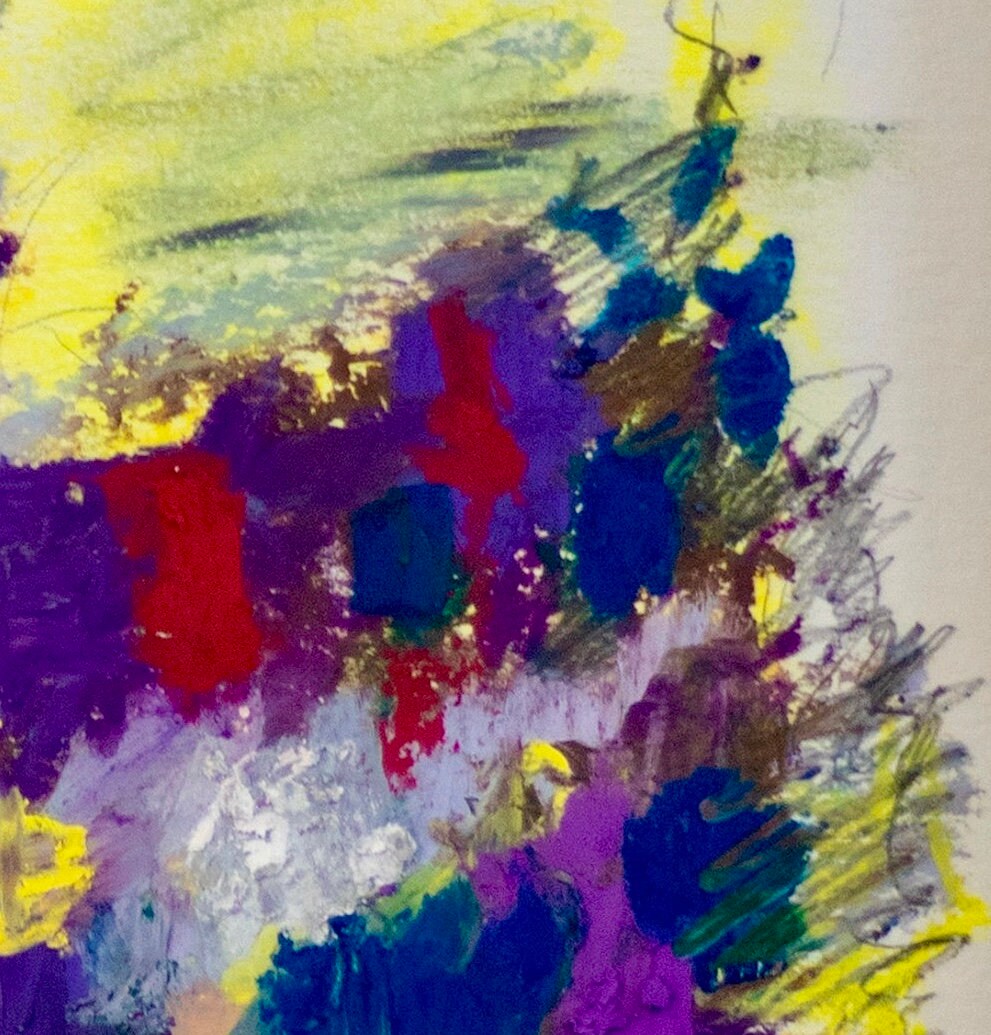 Framed Original Abstract Purple and Yellow Oil Pastel Drawing on 9 inch x 12 inch Cold Press Paper by Artist Megan Watkins