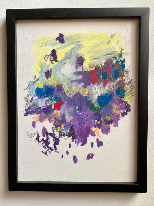 Framed Original Abstract Purple and Yellow Oil Pastel Drawing on 9 inch x 12 inch Cold Press Paper by Artist Megan Watkins